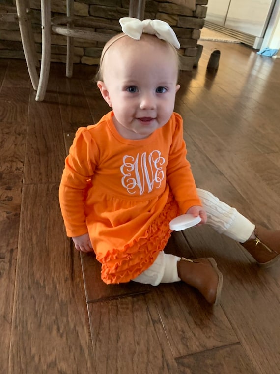 Girls Tennessee Orange Monogrammed Ruffle Trim Dress | White Monogrammed  Ruffled Long Sleeve Dress | Monogrammed Tennessee Girls Dress - Etsy UK