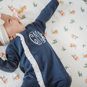 Baby Girl Monogrammed Ruffled Footie Sleeper | Embroidered Monogram Ruffled Footie | Monogrammed Baby Girl Coming Home Outfit