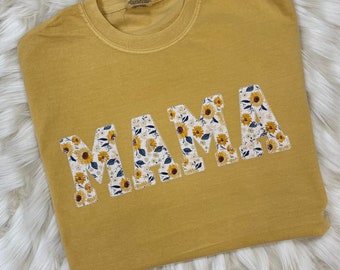 Comfort Colors Mama Embroidered Sunflower Applique Short Sleeve Shirt  | Simple Mama Top, Gift for Mom, Personalized Mama Shirt