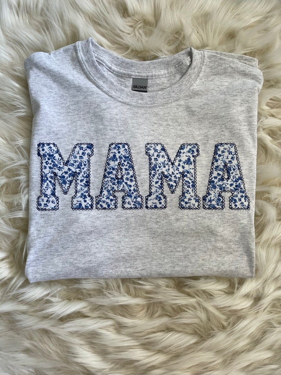 Personalized Mama Shirt Gift for Mom Mama Embroidered Blue Floral Applique Tank Simple Mama Tank Top