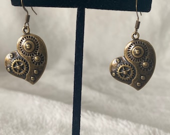 Antique bronze looking steam punk gear heart shaped drop dangle earrings