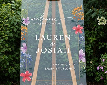 Wildflower Wedding Welcome Sign, Personalized Floral Acrylic Entrance Decor
