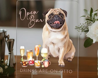 Personalized Acrylic Wedding Bar Menu Sign: Open Bar & Signature Drink Display with Dog Illustration