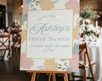 Pastel Chinoiserie Floral Bridal Shower Welcome  : Days Until I Do Sign