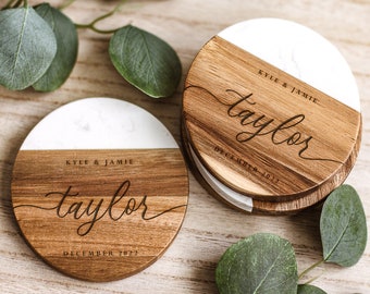 Personalized Coasters, Custom Engraved Marble Wooden Coaster, Wedding Coaster, Home Decor, Wedding Gifts, Housewarming Gift, Gift for Couple