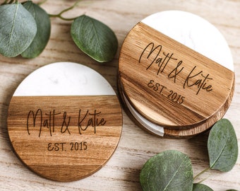 Personalized Coasters, Custom Engraved Marble Wooden Coaster, Wedding Coaster, Home Decor, Wedding Gifts, Housewarming Gift, Gift for Couple