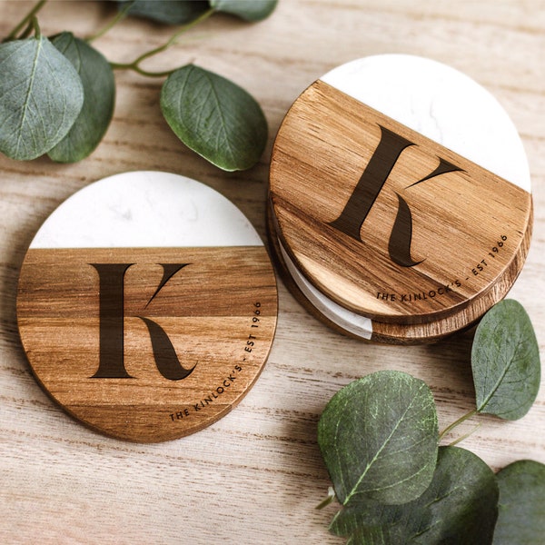 Wedding Monogram, Personalized Coaster, Custom Engraved Marble Wooden Coaster, Home Decor, Wedding Gifts, Housewarming Gift, Gift for Couple