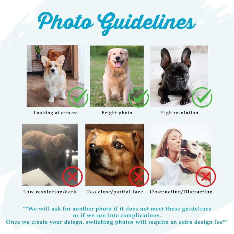 May include: A graphic with the text "Photo Guidelines" and examples of acceptable and unacceptable photos for a design. The examples include dogs and a person with a dog. The text also includes information about photo requirements.