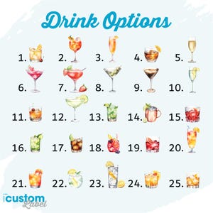May include: A watercolor illustration of 25 different cocktail options. The image features a variety of drinks, each numbered and labeled with the text "Drink Options" at the top. The drinks include martinis, margaritas, and other mixed beverages.