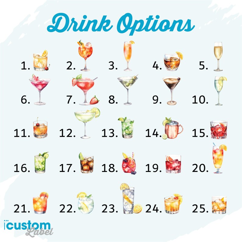 May include: A watercolor illustration of 25 different cocktail options. The image features a variety of drinks, each numbered and labeled with the text "Drink Options" at the top. The drinks include martinis, margaritas, and other mixed beverages.