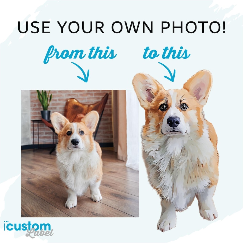 May include: An image showing a before-and-after comparison of a corgi dog portrait. The left side shows a photograph of the dog, and the right side shows a stylized digital painting of the same dog. Text reads "USE YOUR OWN PHOTO!" and "from this to this".