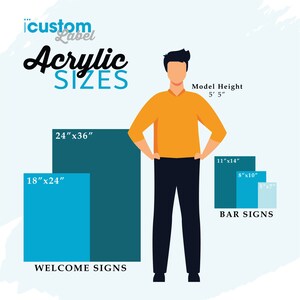 K&ouml;nnte beinhalten: Eine Grafik, die verschiedene Gr&ouml;&szlig;en von Acrylschildern f&uuml;r Willkommens- und Barschilder zeigt. Die Gr&ouml;&szlig;en sind in Zoll angegeben. Die Grafik zeigt eine Person, die neben den Schildern steht, um die Gr&ouml;&szlig;e zu veranschaulichen.