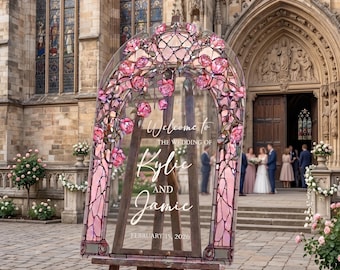 Roses Wedding Sign, Stained Glass Printed Welcome Acrylic, Romantic Ceremony Entrance Decor