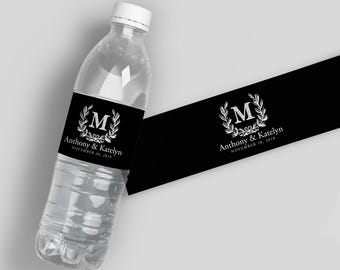 Custom Wedding Water Bottle Labels: Waterproof Monogram Design