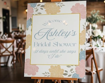 Chinoiserie Bridal Shower Sign Acrylic | Pastel Floral Blue, Days Until I Do Countdown
