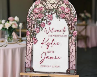 Roses Wedding Sign, Stained Glass Printed Welcome Acrylic, Romantic Ceremony Entrance Decor