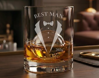 Best Man Gift Engraved Whiskey Glass, Personalized Best Man Rocks Glass, Custom Wedding Gift for Him, Laser Etched Groomsmen Glass