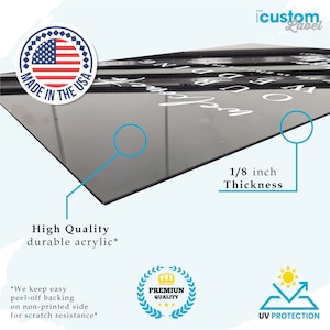 May include: Black acrylic sheet with white lettering, featuring the text "Welcome". The sheet is 1/8 inch thick and made of high-quality, durable acrylic. Includes UV protection and a "Made in the USA" seal.