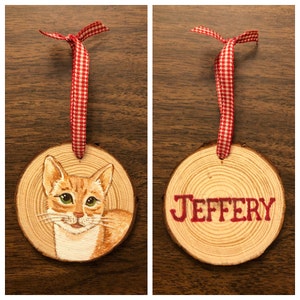 May include: Two wooden ornaments with red and white gingham ribbon. One ornament features a hand-painted portrait of a ginger cat. The other ornament has the name "JEFFERY" painted in red.
