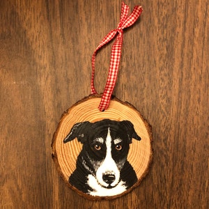 May include: A hand-painted wooden ornament featuring a black and white dog with brown eyes. The ornament is round and has a red and white checkered ribbon attached.
