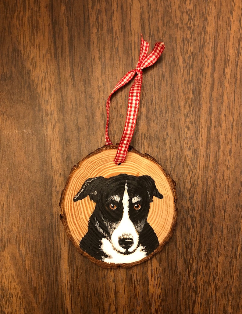 May include: A hand-painted wooden ornament featuring a black and white dog with brown eyes. The ornament is round and has a red and white checkered ribbon attached.