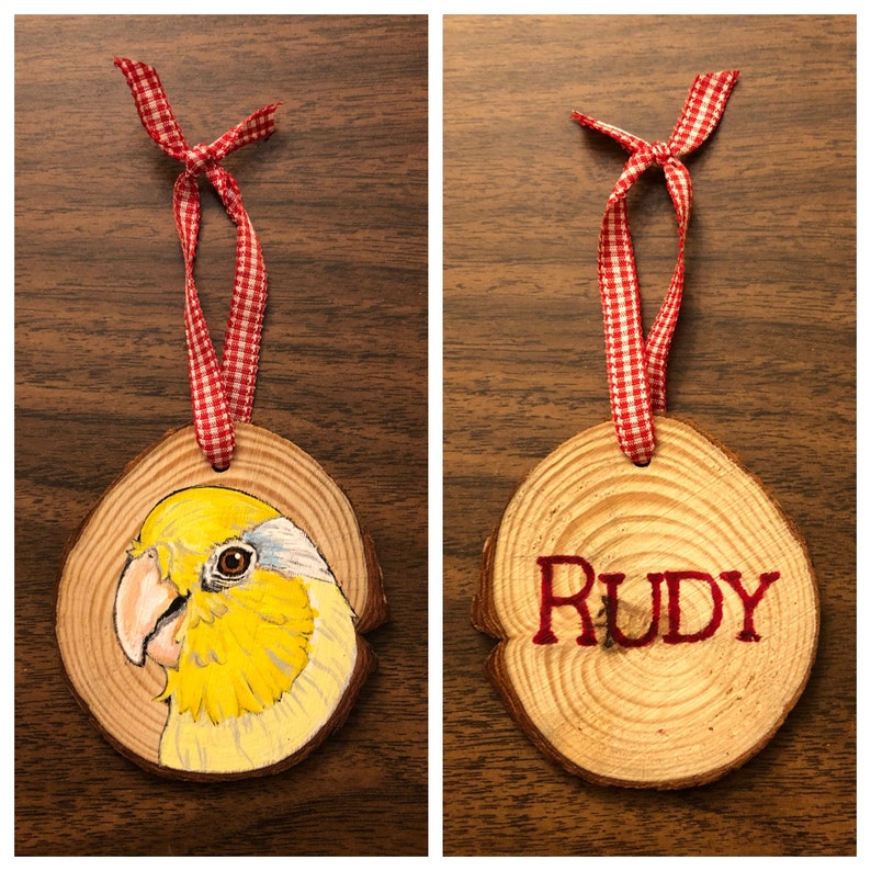 May include: Two wooden ornaments with red and white checkered ribbon. One ornament features a hand-painted yellow and white bird with a black eye. The other ornament has the name "RUDY" painted in red.