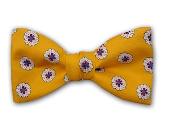 Theme Bow Tie " Autumn Flowers "- Yellow Pure Silk Bowtie - Hand Made in USA