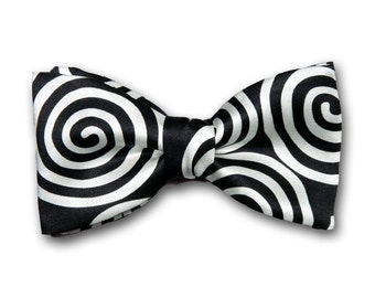 Bow Tie " Swirl "- Black & White Bowtie - Pocket Square - Pure Silk - Designer Men's Accessories - Made in USA