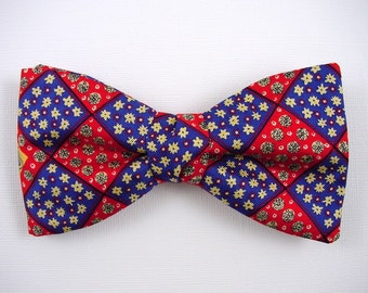 Bow Tie " Flowers in Plaid "-  Red and Blue Silk Bow Tie - Pre-Tied and Self Tie Men's Bow Tie - Hand Made in USA