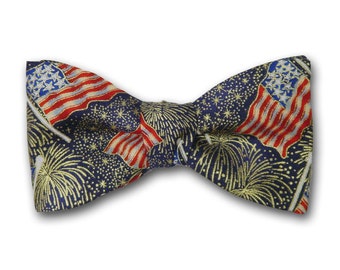 American Flag Bow Tie "Independence Day"- Large and Standard Free Style or Pre-Tied Bow Tie - Made in USA
