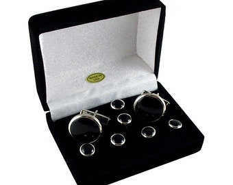 Cufflinks and 6 Studs Set - Tuxedo Formal Cufflink Set - Silver Cufflink Set - Black Shirt Set