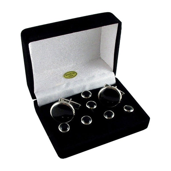 Cufflinks and 6 Studs Set - Tuxedo Formal Cufflink Set - Silver Cufflink Set - Black Shirt Set