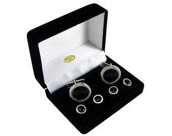 Cufflink and 4 Studs Set - Tuxedo Formal Cufflink Set - Black Shirt Set - Silver Cufflink Set