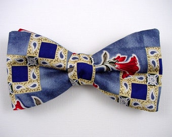 Blue Silk Bow Tie - Red Flower Bowtie - Freestyle and Pre-tied Bow Tie - Hand Made in USA