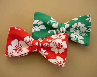 Bow Tie "Hibiscus" - White Hibiscus on Green or Red - Men's Holiday Accessory - Made in USA