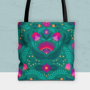 Green Folk Floral Tote Bag, Reusable Eco-Conscious Shopping Bag, Floral Canvas Tote, Birthday Mother&#39;s Day Gift for Her, Reusable Gift Bag