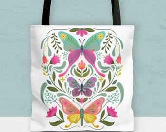 Butterfly Folk Art Tote Bag, Floral Canvas Tote, Colorful Shopping Bag, Boho Market Tote, Reusable Grocery Bag, Nature Lover Gift for Her