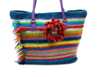 Fantastic Multicolor Striped MARKET /Shoulder/Beach BAG with Ruby Red flower and "M & M People" Lining, 17"x13"x7", One of a Kind, USA