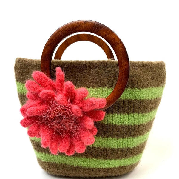 CHILD'S Pocketbook/ HANDBAG, Neon Green & Earth Brown with Pink Flower. Here Kitty Lining, 11x9"x4" Hand Felted, One of a Kind, Made in USA