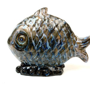 Wonderful Fish COIN/ Piggy BANK, Blue Green with Blue Glass Eyes, Artist hand built, One of a kInd, 8&quot;x 6&quot;x 2.5&quot;, Made in Connecticut, USA.