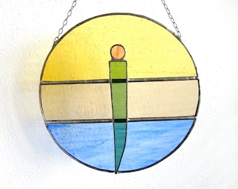 Tiffany window picture, round sun catcher made of retro glass, stained glass, handmade