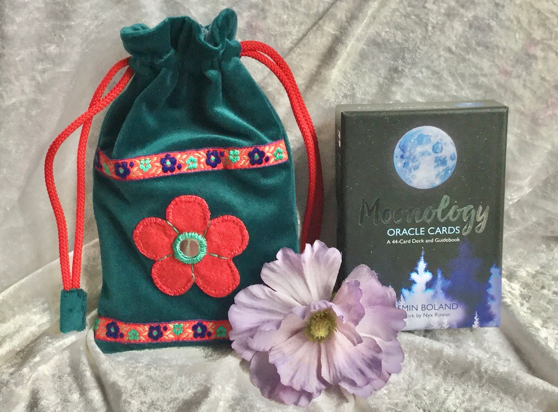 Drawstring Tarot Card Bag Embroidered Teal Green Velour Etsy