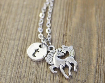 Unicorn necklace - Initial jewelry - Unicorn initial necklace - Prancing unicorn - Kids jewelry - Silver unicorn - Personalized kids gift