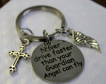 Guardian Angels - New driver gift - Safe driving - Religious key chain - Cross keyring - Angel wing keepsake - New driver key chain