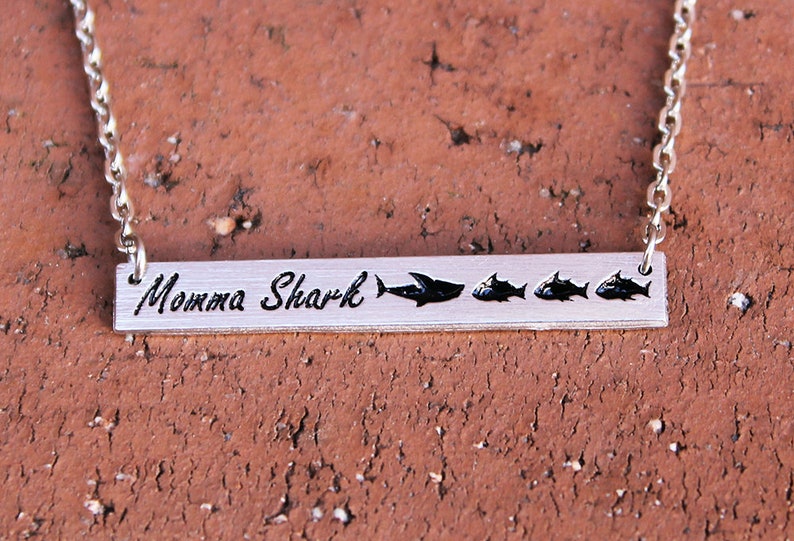 Momma shark Baby shark shark doo doo doo Trending jewelry Mothers jewelry Bar necklace Momma shark necklace Shark jewelry