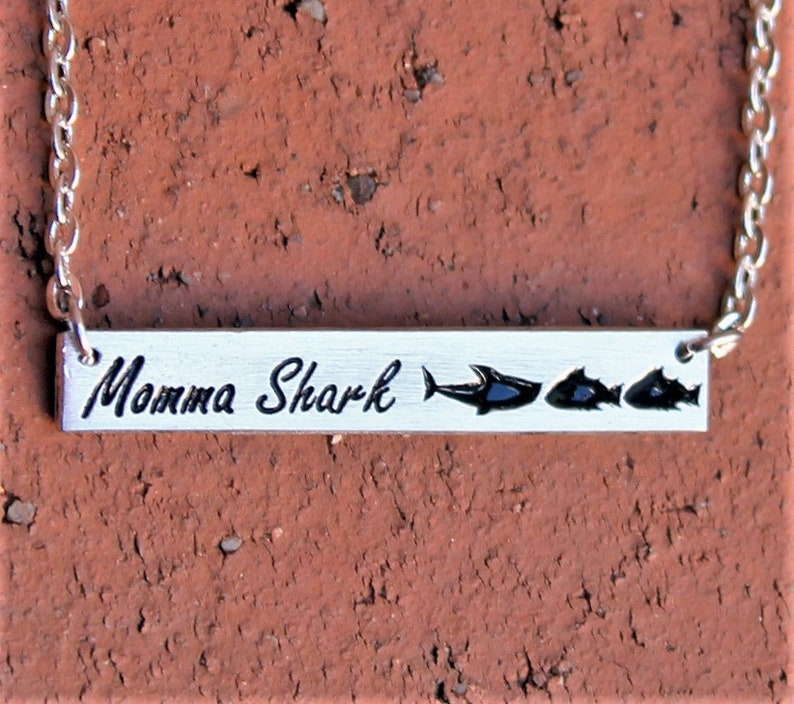 Momma shark Baby shark shark doo doo doo Trending jewelry Mothers jewelry Bar necklace Momma shark necklace Shark jewelry