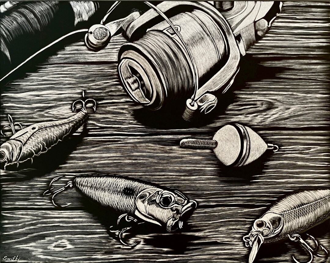 Fishing Tackle Original Scratchboard Art Etsy
