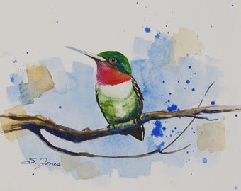 Watercolor Ruby Throated Hummingbird Print Wildlife Nature Print