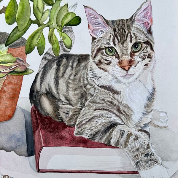 Cat with Plants Watercolor Giclee