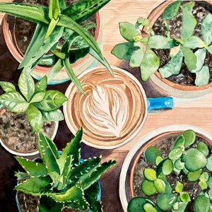 Succulents and Cafe Latte Watercolor Print Plants and Coffee